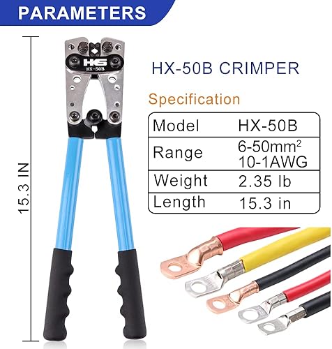 Miniatura 4 de HKS Herramienta de prensado para cable de batería 10-1 AWG con cortador, 20 terminales de anillo de cobre y 20 tubos termorretráctiles forrados con