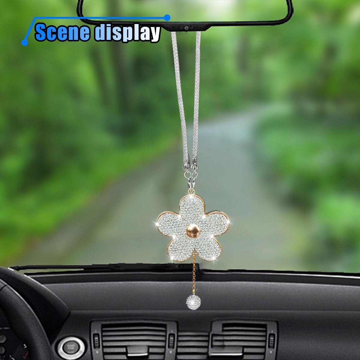 Bling Car Hanging Charm Accessories, Crystal Flower Car Rear View Mirror Pendant Decoration, Car Interior Ornament Accessories for Women Girls Presents (White) image 4