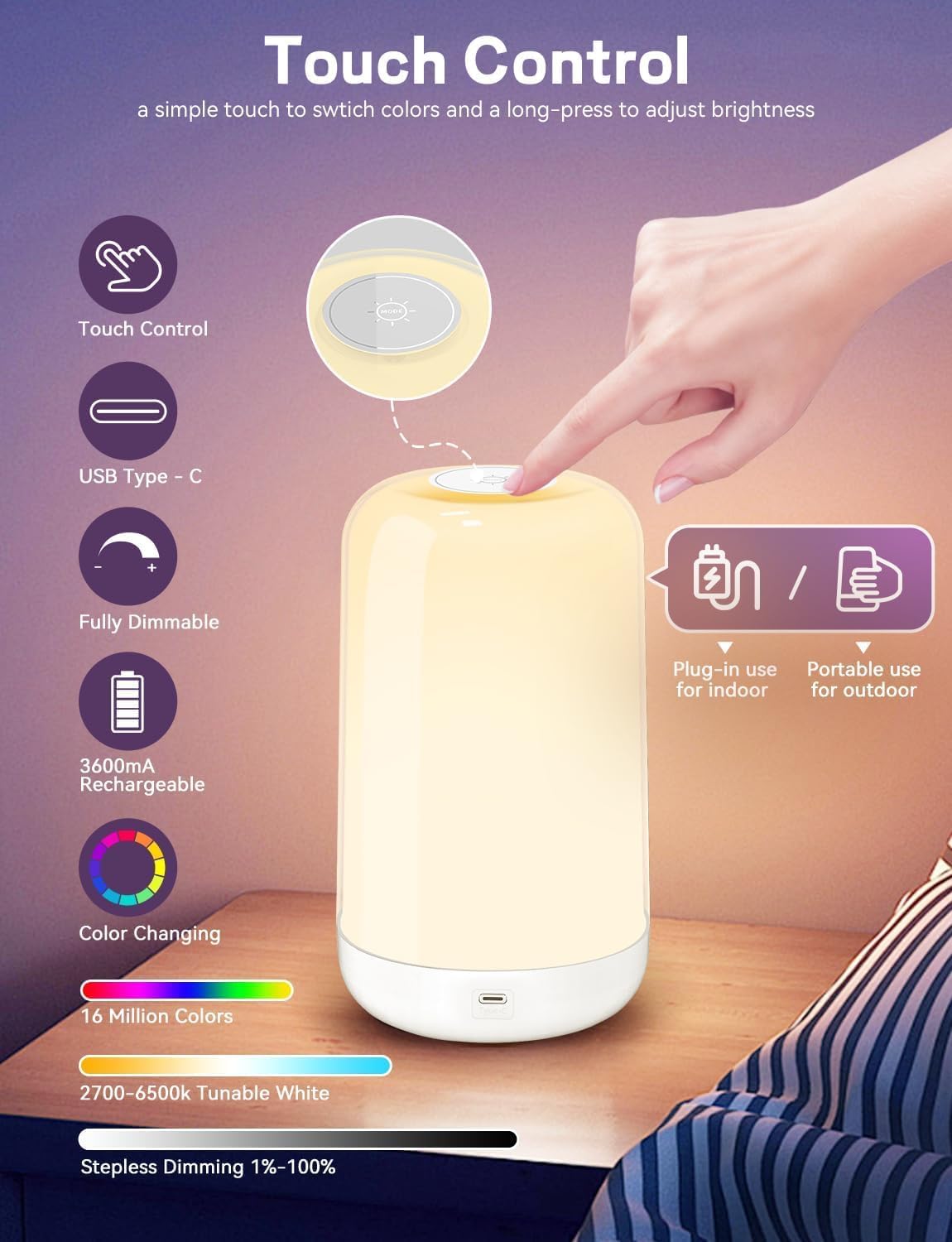 Smart Touch Bedside Table Lamp [Multi-Color & Warm Lights], 3600mA Cordless Small Table Lamp Rechargeable, 7 Colors & Fully Dimmable LED Night Lights for Bedroom Nightstand Nursery Living Room - Image 4