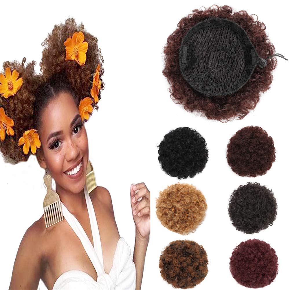 Afro Kinky Curly Hair Bun Puff Ponytail Extensions for African American Women Short Synthetic Wrap Updo Drawstring Chignon Hairpiece with Combs One Piece Medium Size T4/630# Blonde