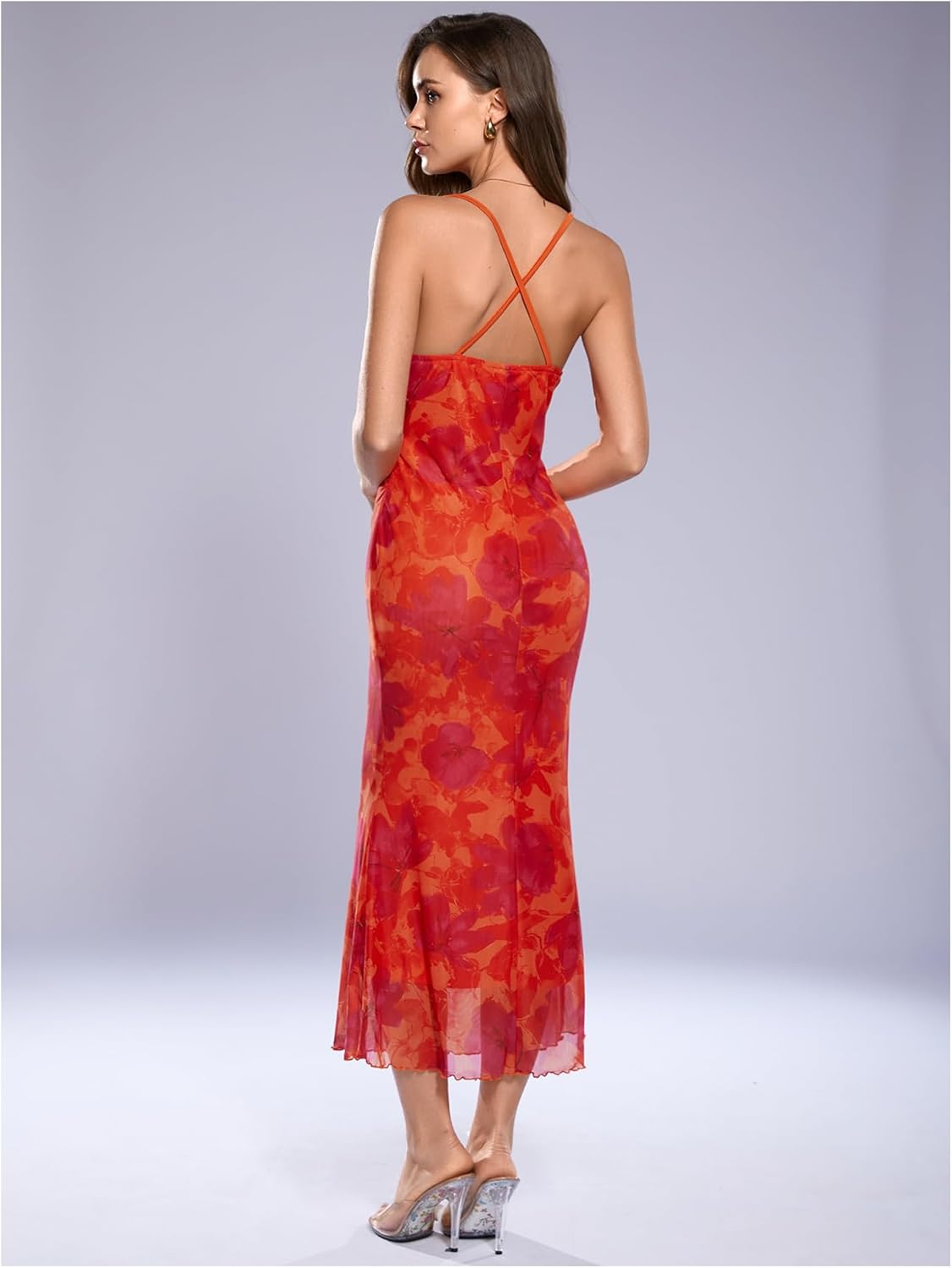 SOLY HUX Women's Floral Mesh Bodycon Cami Dress Cowl Neck Sleeveless Cocktail Party Wedding Guest Long Maxi Dresses