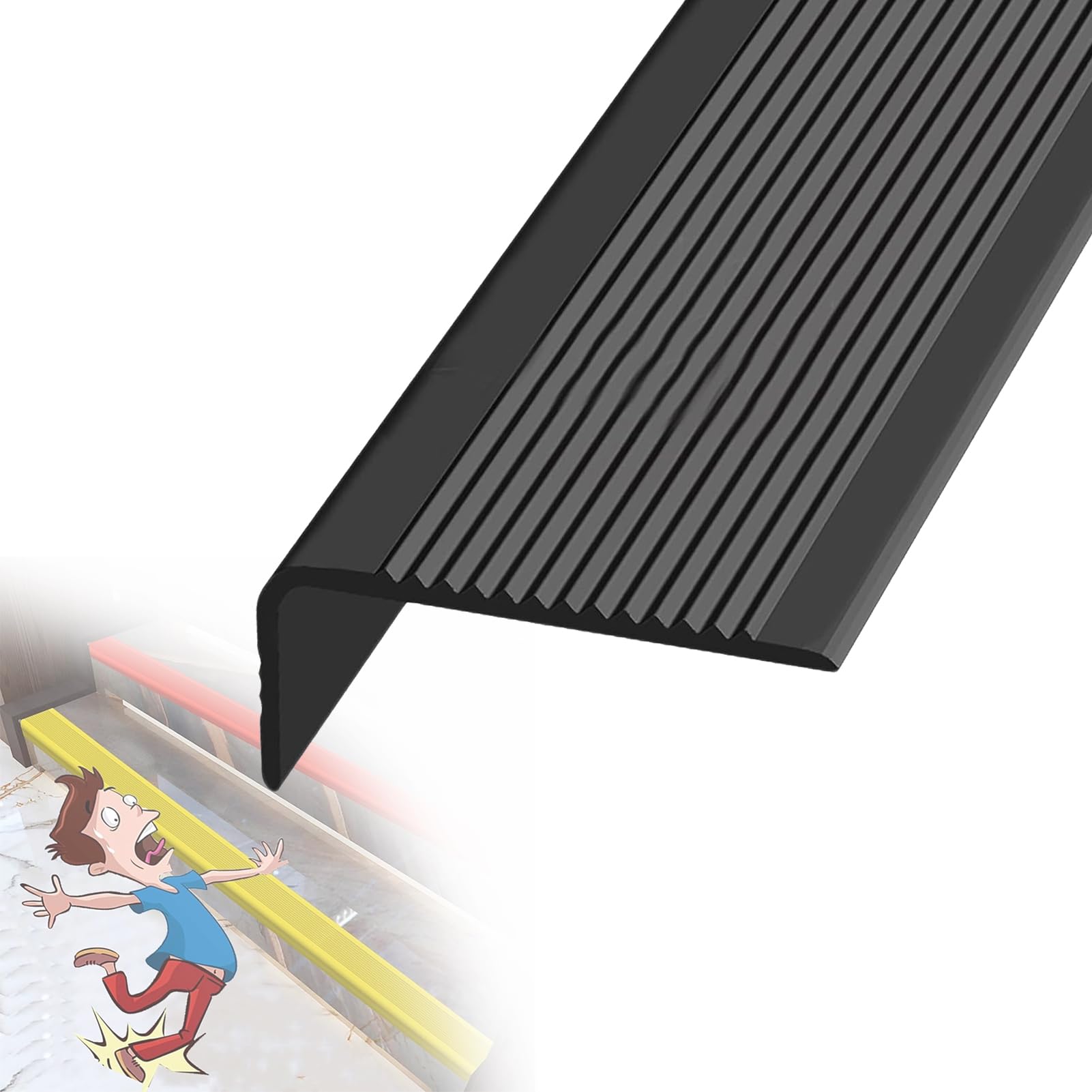 Vinyl Rubber Stair Liner – 7ft Self-Adhesive Stair Edge Protector, Non-Slip & Waterproof For Indoor/Outdoor Stairs – Black