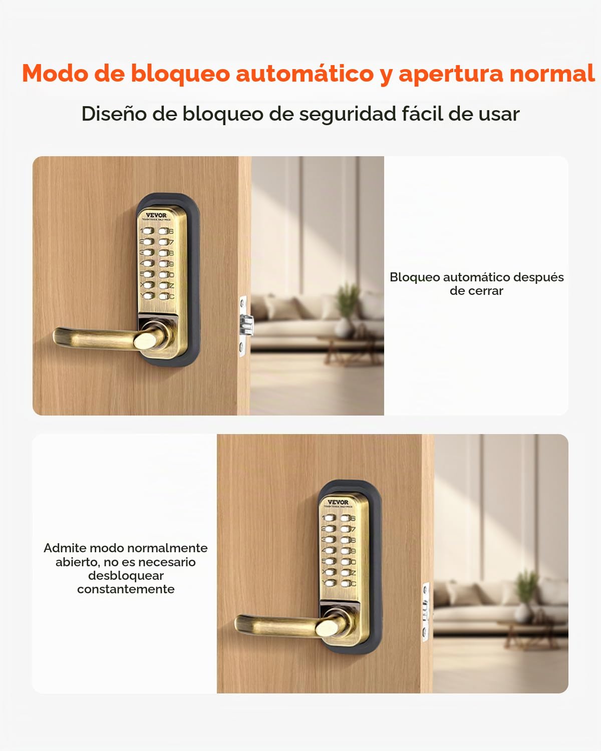 VEVOR Cerradura de Combinación Mecánica con Teclado de Doble Cara 14 Teclas, Cerradura de Puerta sin Llave con Manija, Bloqueo de Código para Puertas de 35 a 65 mm de Grosor para Oficina, Patio