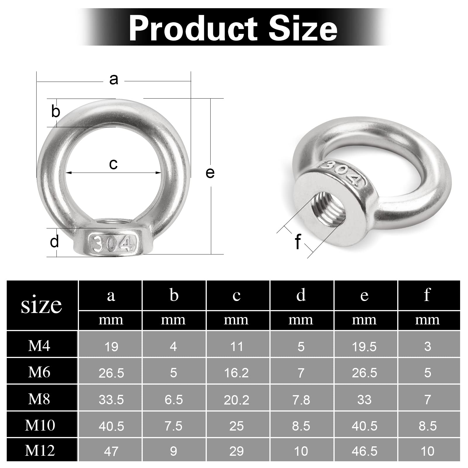 Tornillo de ojal roscado, 5 tuercas anulares m12, ojales de acero inoxidable 304, tuercas de anillo de acero inoxidable, hardware, columpios, etc.