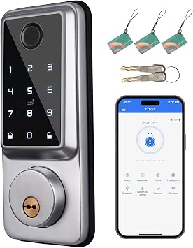 Smart Door Lock, Electronic Fingerprint Lock Front Door Keyless Keypad Door Lock with Bluetooth, App Control, 2 Keys, 3 Cards, Digital Auto Touchscreen Code Lock for Home Office
