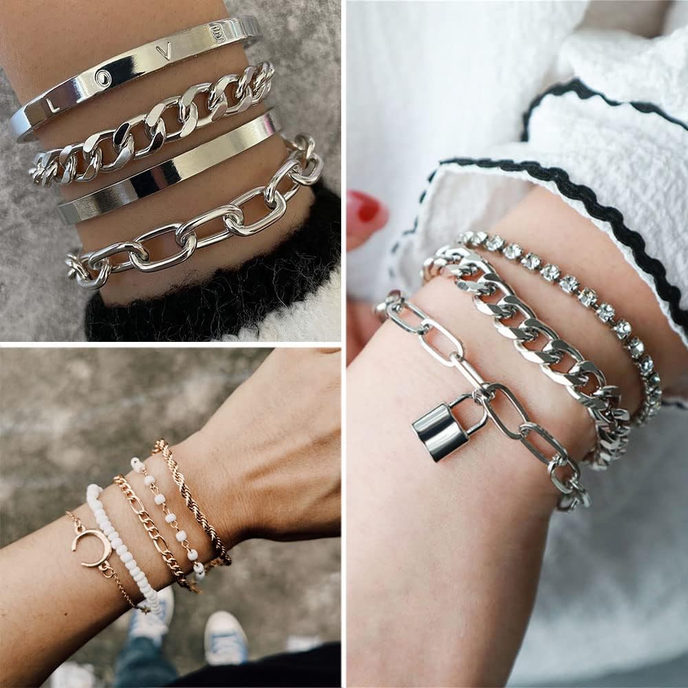 36 Stück Silberplattiertes Schmuckset mit 3 Halsketten, 12 Armbändern, 7 Ohrläppchen Ohrringen, 14 Knöchelringen für Frauen und Mädchen als Geschenk für Valentinstag, Jahrestag,