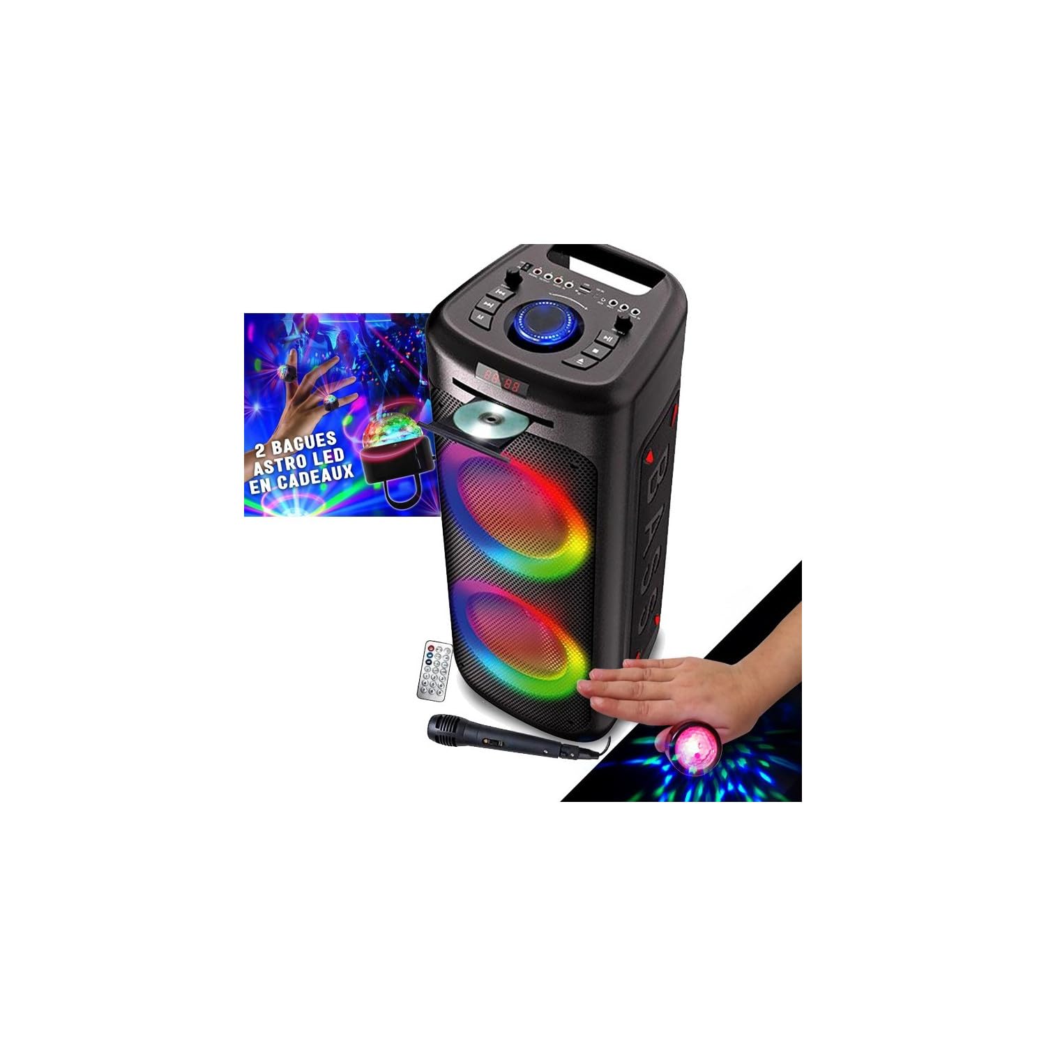 INOVALLEY Enceinte Autonome Lumineuse 1000W CD - MS06-CD-XXL - Bluetooth/USB - Karaoké, Radio FM, Lumières Bagues LED en Cadeaux