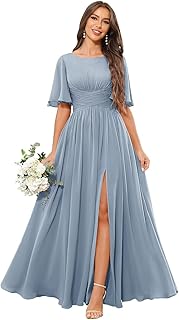 Women's Chiffon Bridesmaid Dresses with Slit Scoop Neck Flutter Sleeve Long Formal Wedding Guest Dress with Pockets - Buy now