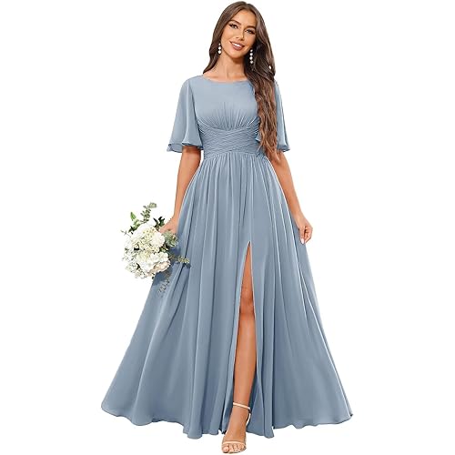 Women's Chiffon Bridesmaid Dresses with Slit Flutter Sleeve Scoop Neck Formal Wedding Guest Dress with Pockets