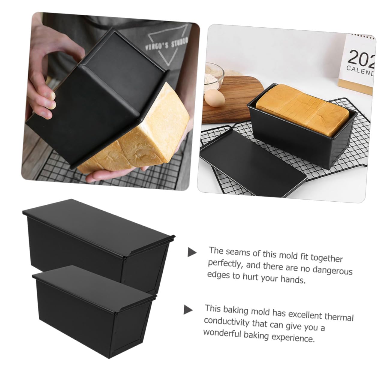 NOLITOY Toastbackformen und Wärmeleitung 2 Stück mit Deckel aus Kohlenstoffstahl Antihaftbeschichtete Kastenform Nahtloses Design für Saftiges Brot