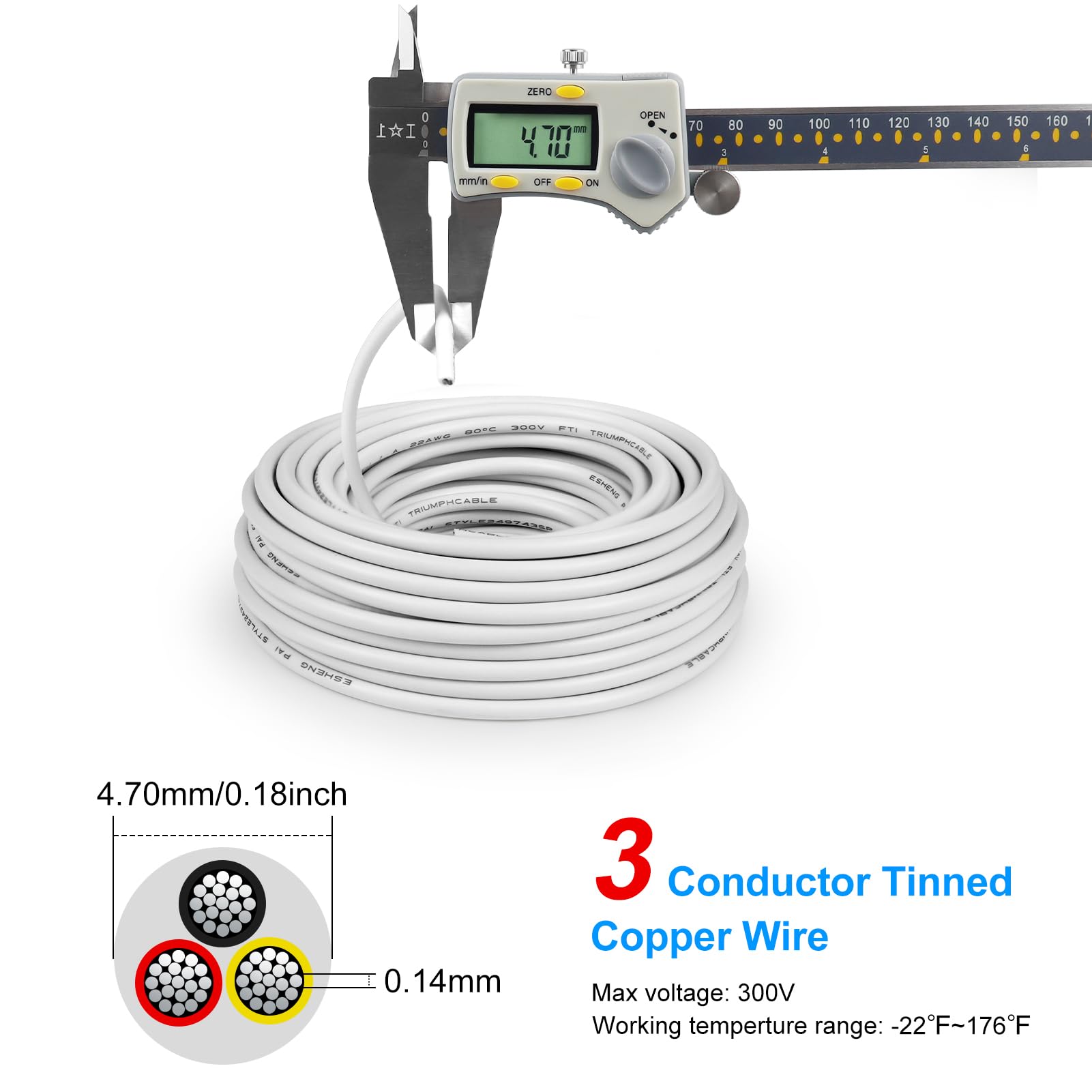 22 Gauge Electrical Wire 3 Conductor, 50FT 22 AWG Stranded Low Voltage LED Cable, Tinned Copper Hookup, Insulated 3 Wire Cable, Flexible Power for LED Lamp Lighting Strip Automotive