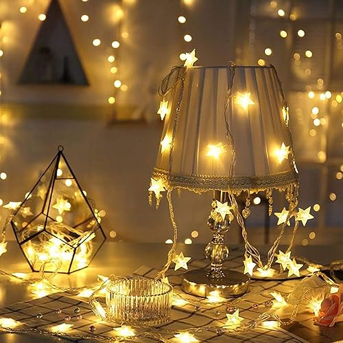 Guirnalda de luces de estrella, funciona con pilas, 40 LED de 19.6 pies, luces de estrella, luces de hadas estrelladas, color blanco cálido, para