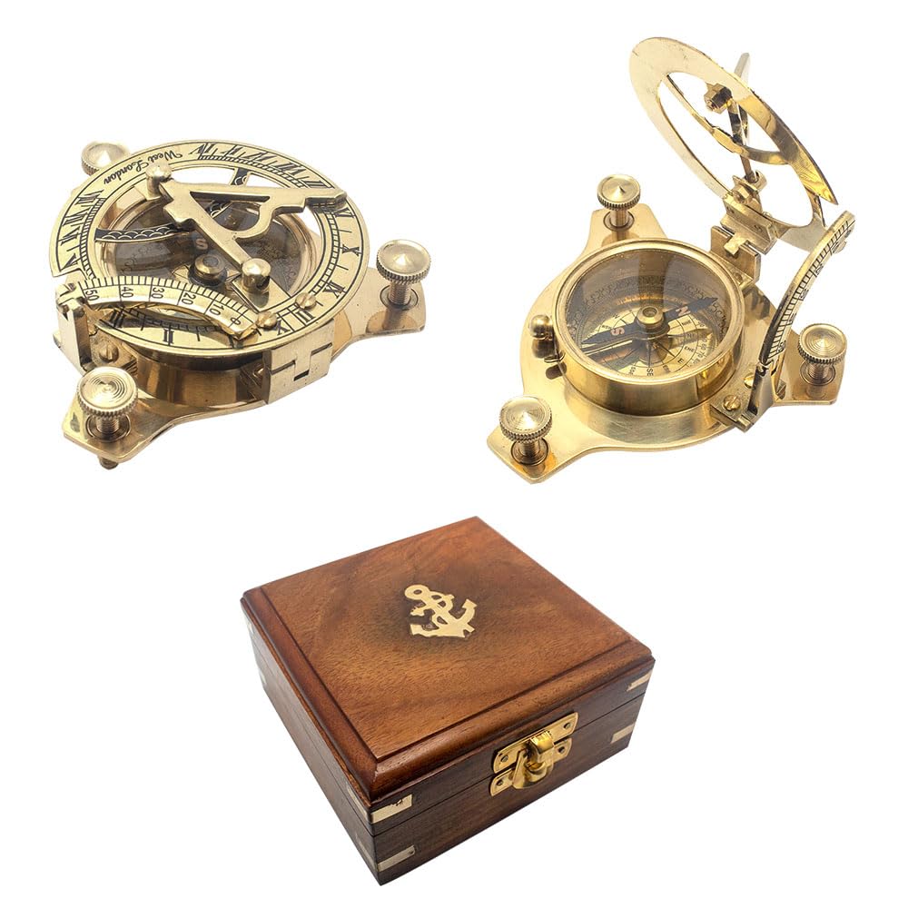 Bussola per orologio da sole in ottone nautico, 2", design antico, con scatola di legno e marchio di ancoraggio