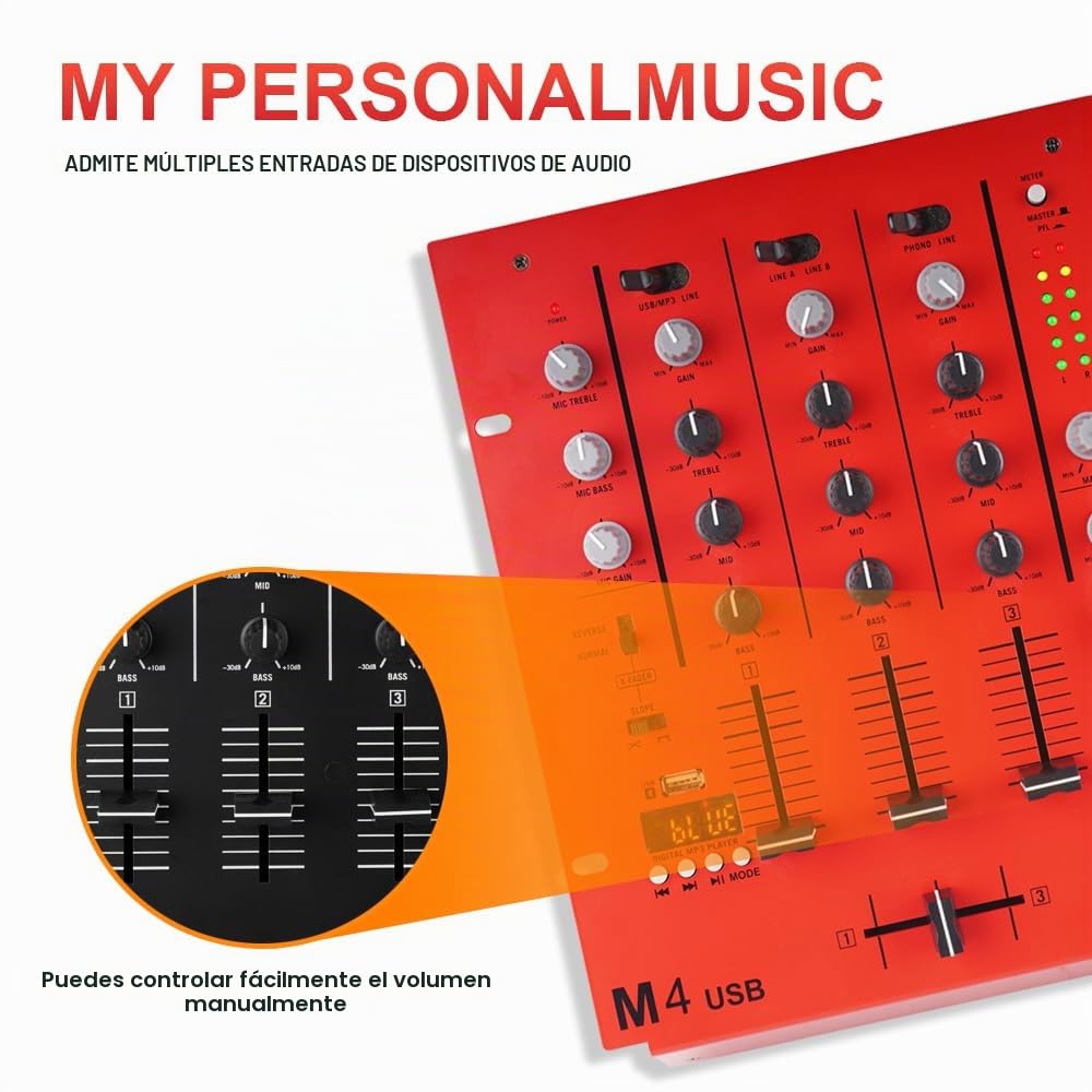 Mezclador de DJ de 4 canales M4 (rojo), mezclador de audio con Bluetooth y USB, crossfader, ecualizador de 3 bandas, control de ganancia y función de monitor de señal, tablero de sonido