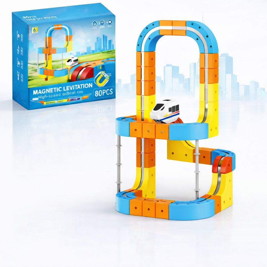 Flexible 3D Rennbahn mit Kurven, Steigungen & Loopings, motorisiertes Fahrzeug, modulares magnetisches Stecksystem, kreatives Bauspiel für Kinder, 56/80/150 Teile Set (150)