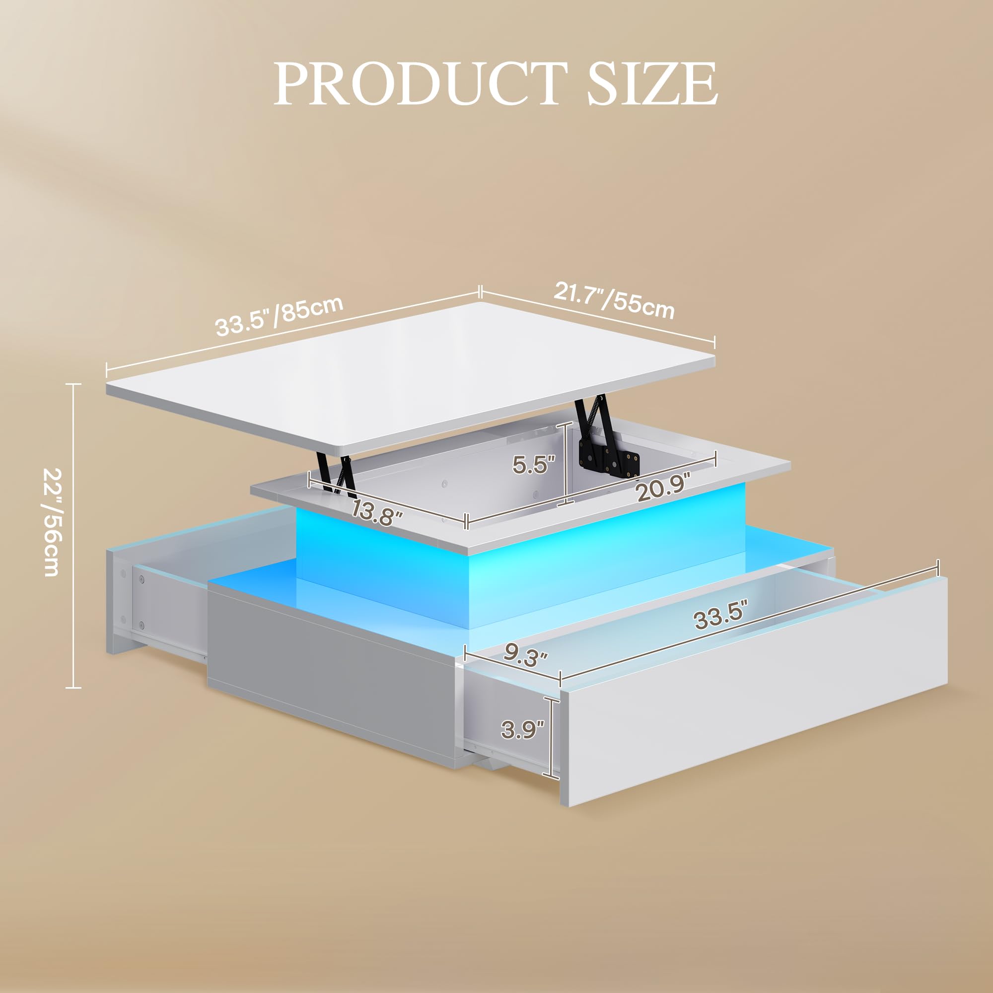 YITAHOME Mesa de Centro Elevable, Mesa de Salón Brillante Moderna con 16 LED de Colores y 2 Cajones