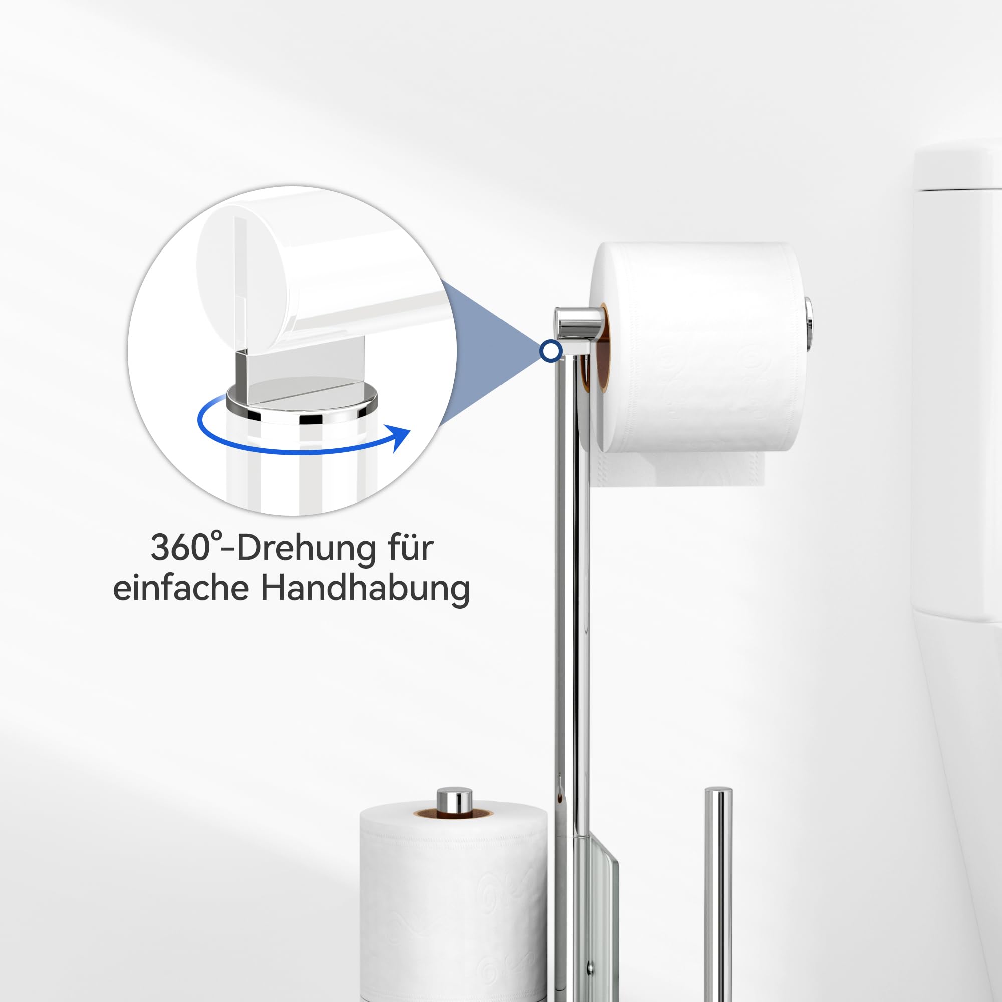 Toilettenpapierhalter Stehend mit WC Bürste - Toilettenbürste und Klorollenhalter Stehend mit Glasregal, Ohne Bohren, Edelstahl WC Garnitur mit Klopapierhalter Stehend und Klobürste (Silber)