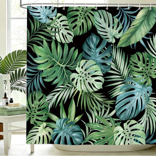 hometrixx Sommer Duschvorhang 180 x 200 cm Grün Blätter Tropische Dschungel Monstera Palme Badevorhänge Polyester Badezimmervorhang für Dusche Bad Wasserdicht Maschinenwaschbar mit 12 Ringe