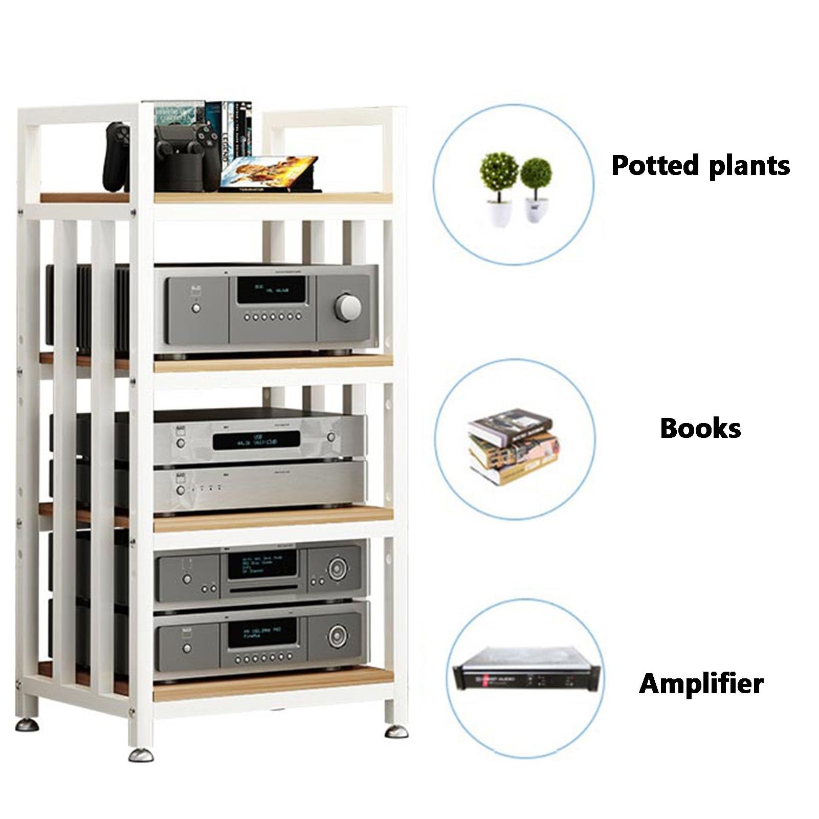 Stojak na media AV 4Tier, regulowana wysokość półki, ruchoma wieża audio, stojak na odtwarzacz, do pokoju nagraniowego do gier(White)