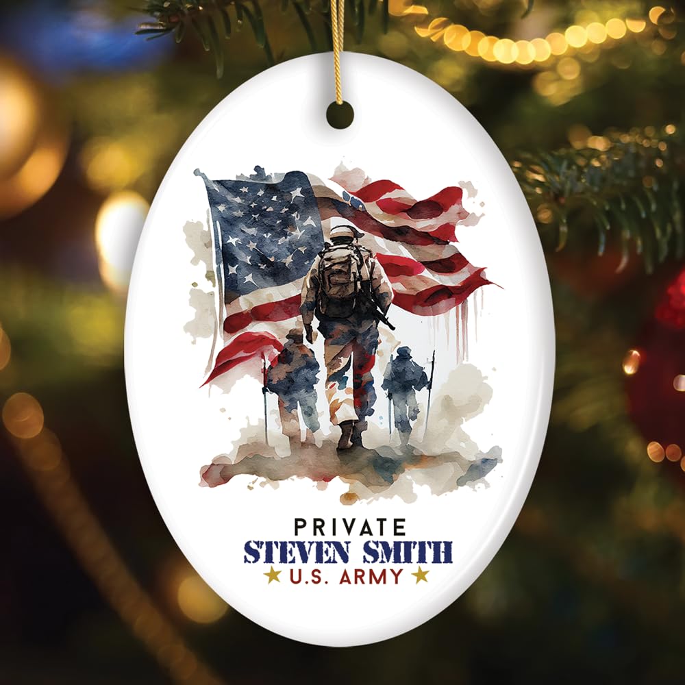U.S. Army Private Personalized Ornament, Veteran Christmas Decor and Military Gift (Oval)