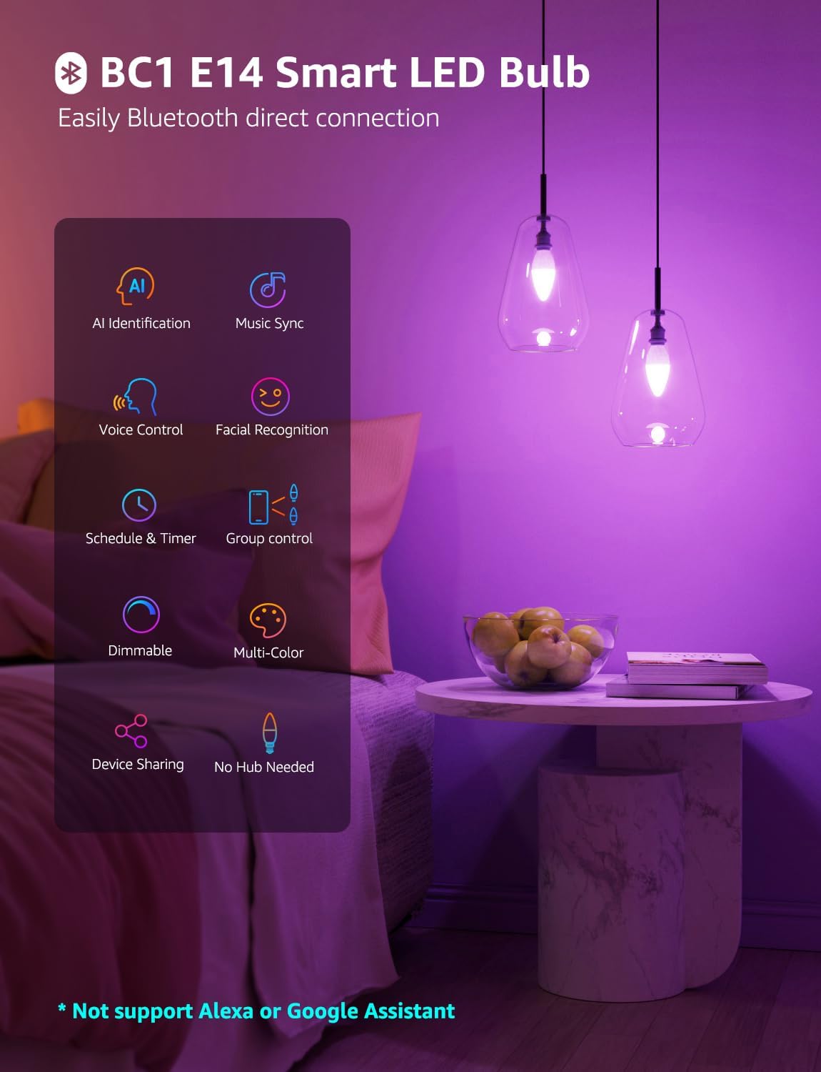 Bedroom scene with smart lighting demonstrating cool white, warm white, and RGB color options, highlighting the ability to explore endless lighting possibilities.