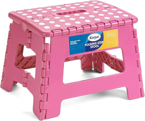 Korpai Taburete plegable de 9 para adultos y niños con capacidad para hasta 300 lb antideslizante con mango portátil de plástico compacto para baño