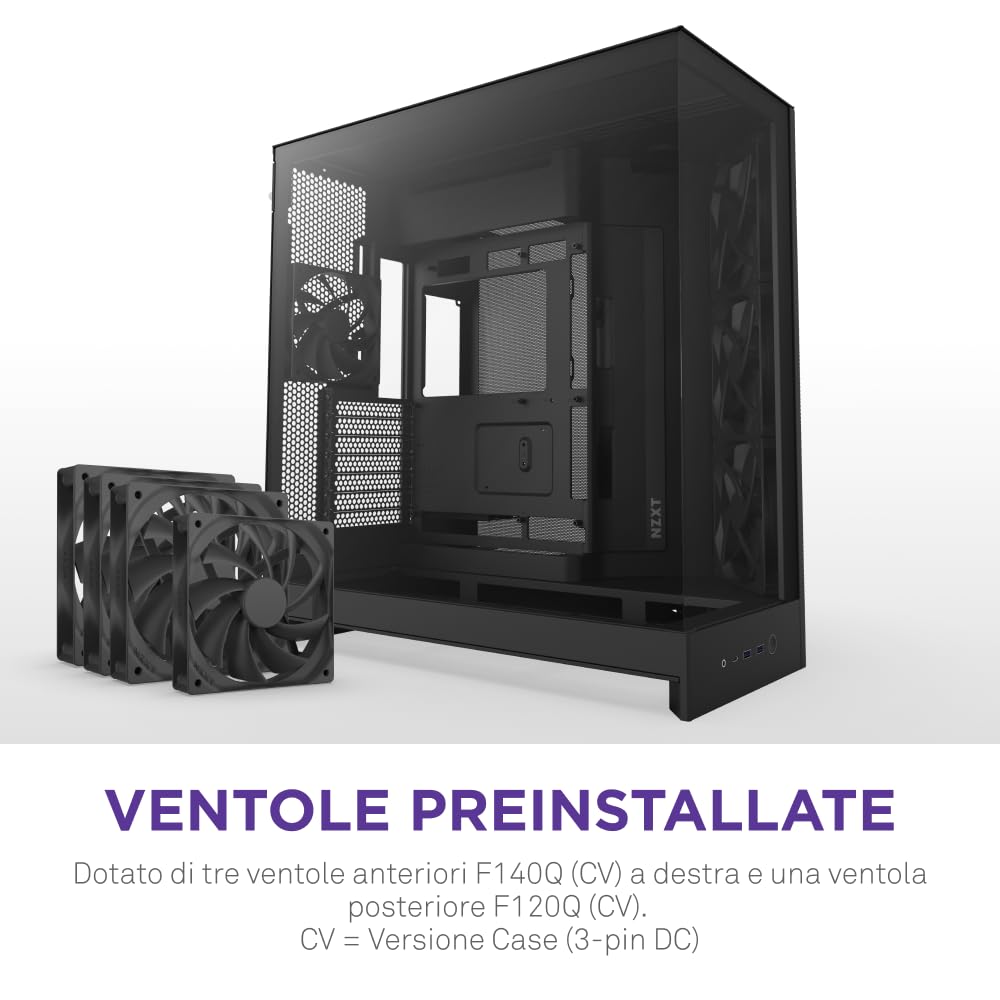 NZXT H9 Flow (2025) – Grande Case PC ATX Mid-Tower a Doppia Camera con Flusso d'Aria – Include 3 Ventole da 140mm e 1 da 120mm – Supporto Radiatore da 420mm – Vetro Temperato – Nero