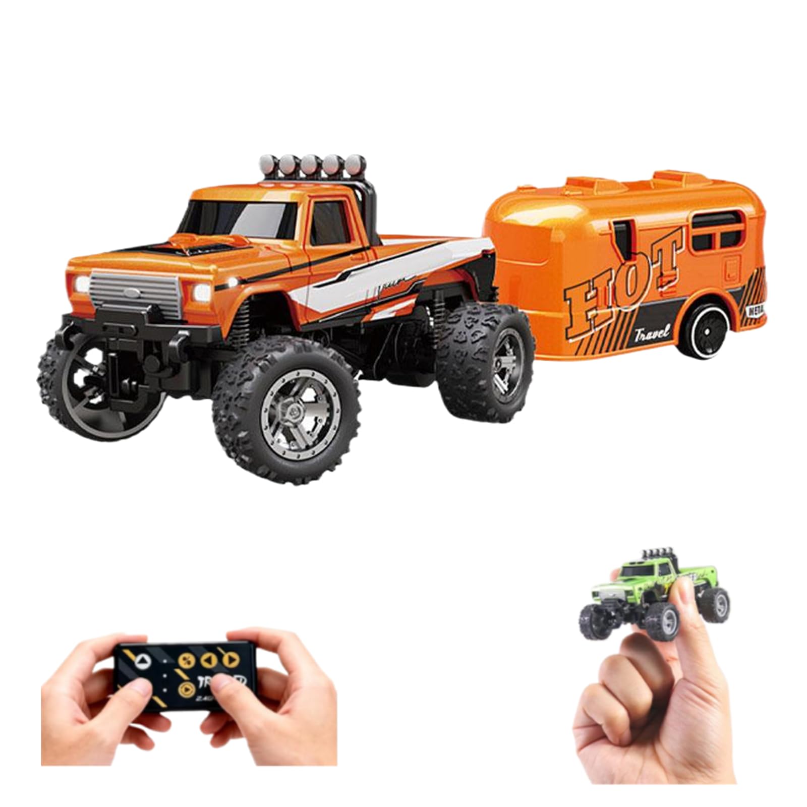 Mini RC Monster Truck, 1:64 Scale RC Monster Truck USB Rechargeable Underflow with Trailer, 2.4Ghz Remote Control Car with Lights, Speed/Steering Adjustable