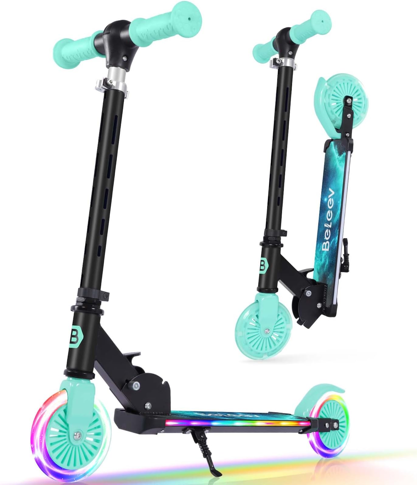 BELEEV V3 Scooter for Kids with Light-Up Wheels & Stem & Deck, 2 Wheel Folding Scooter for Girls Boys, 4 Adjustable Height, Lightweight Kick Scooter with Handy Kickstand for Children Ages 3-12