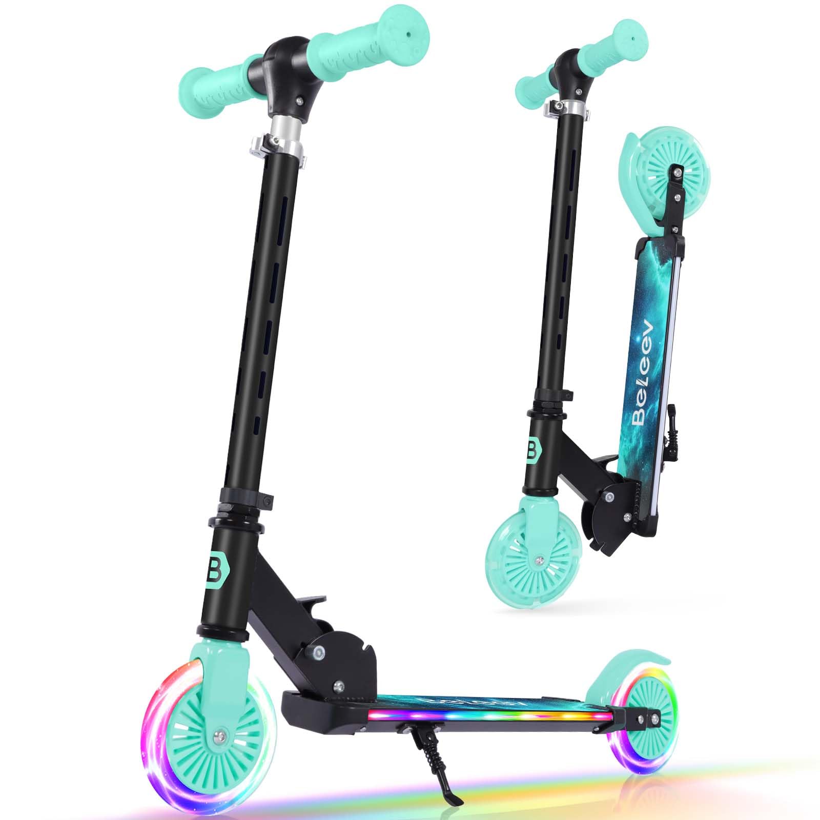 V3 Scooter for Kids Ages 3-12, 2 Wheel Folding Scooters for Girl Boys with Light-Up Wheels & Stem & Deck, 4 Adjustable Height, Cartoon Pattern Deck, Lightweight Scooter with Kickstand