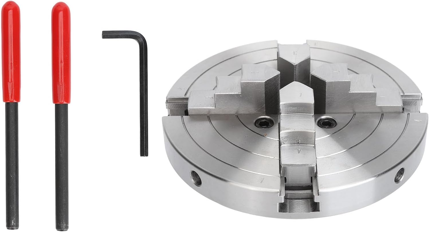 4 Prong Lathe Chuck, 6" Alloy Steel Self Centering Manual Chuck Set with Adjustment Handle and L Wrench for Lathes, Grinders, Milling Machines