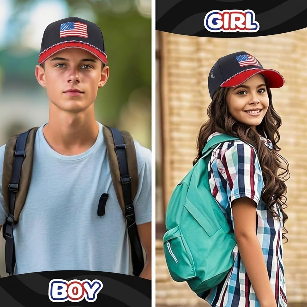 Youth Kids American Flag Trucker Hat, USA 250th Anniversary Snapback Cap Quick Dry with Reflective Trim, Ages 5-15