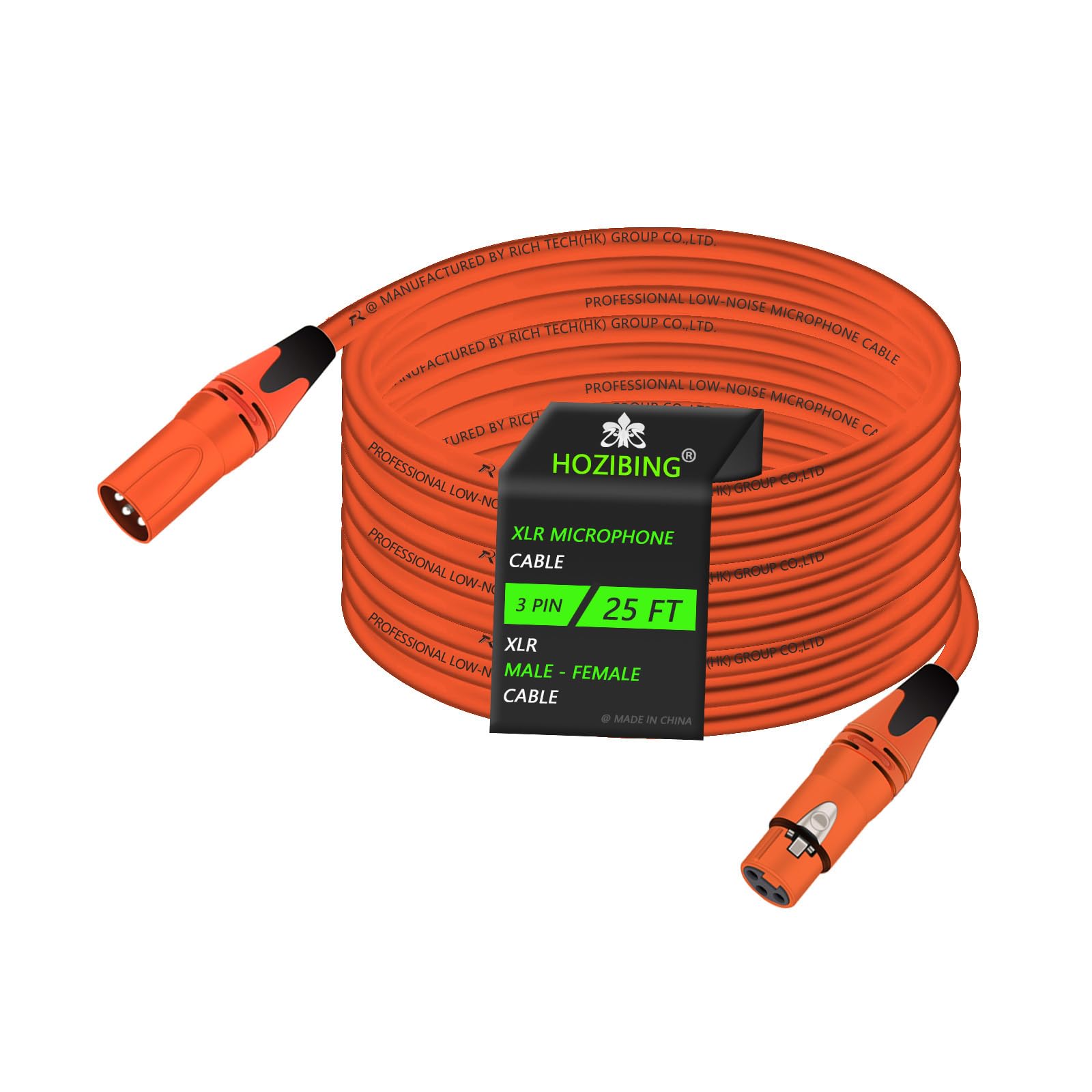 Orange 25FT XLR Male to Female Mic Cable - 3-Pin Balanced Shielded 27AWG OFC for Mic Mixer, Recording Studio, Podcast - Multi Colored Zinc Alloy