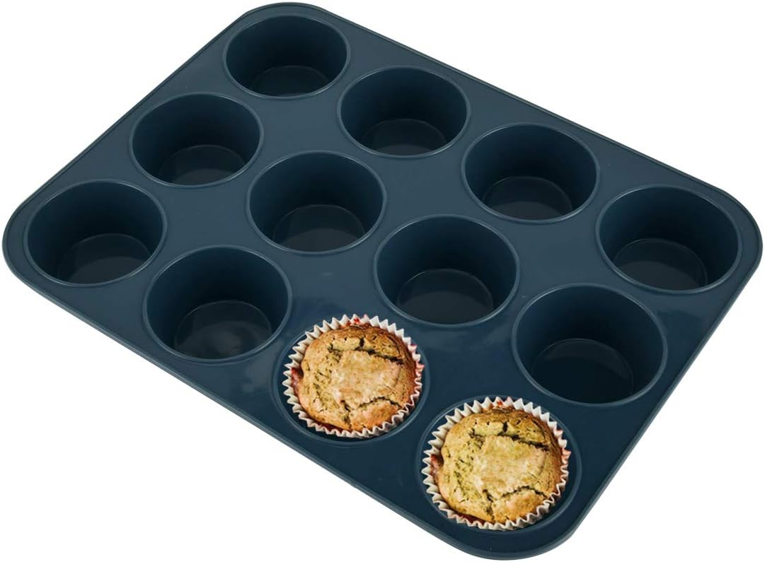 Vnray Silicone Muffin Baking Pan & Large Cupcake Tray 12 Cup - Nonstick Cake Molds/Tin, Silicon Bakeware, BPA Free, Dishwasher & Microwave Safe (12 Cup Size, Grey)