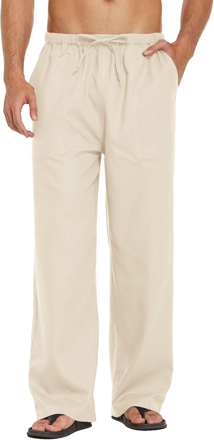 COOFANDY Mens Casual Linen Pants Elastic Waist Linen Pants Drawstring Summer Beach Yoga Linen Trouser