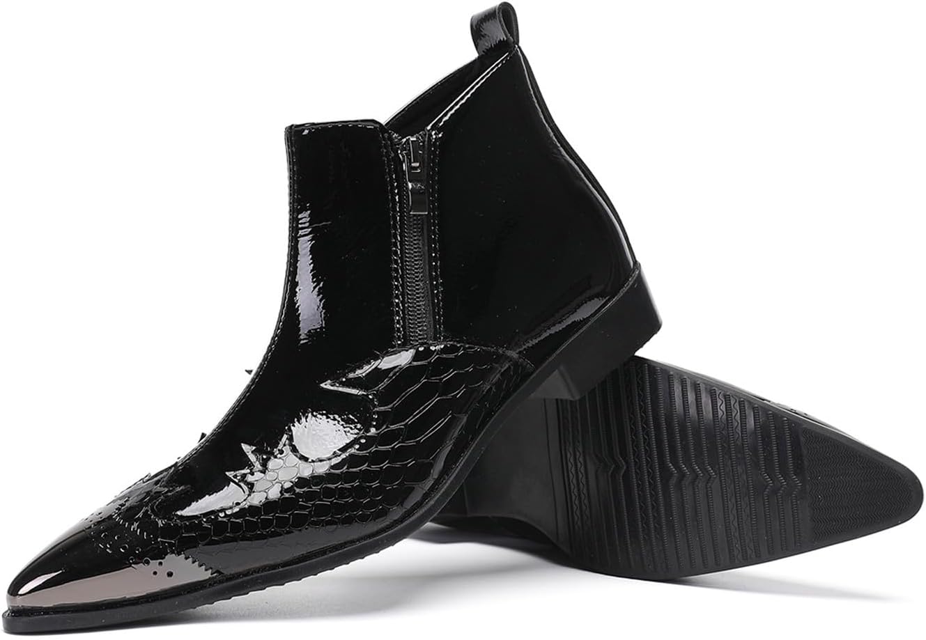 Santimon Men's Dress Casual Chelsea Boots - Glossy Patent Leather Cowboy Ankle Boots with Double Zipper & Metral Pointed Toe Western Boots for Party, Club & Stage