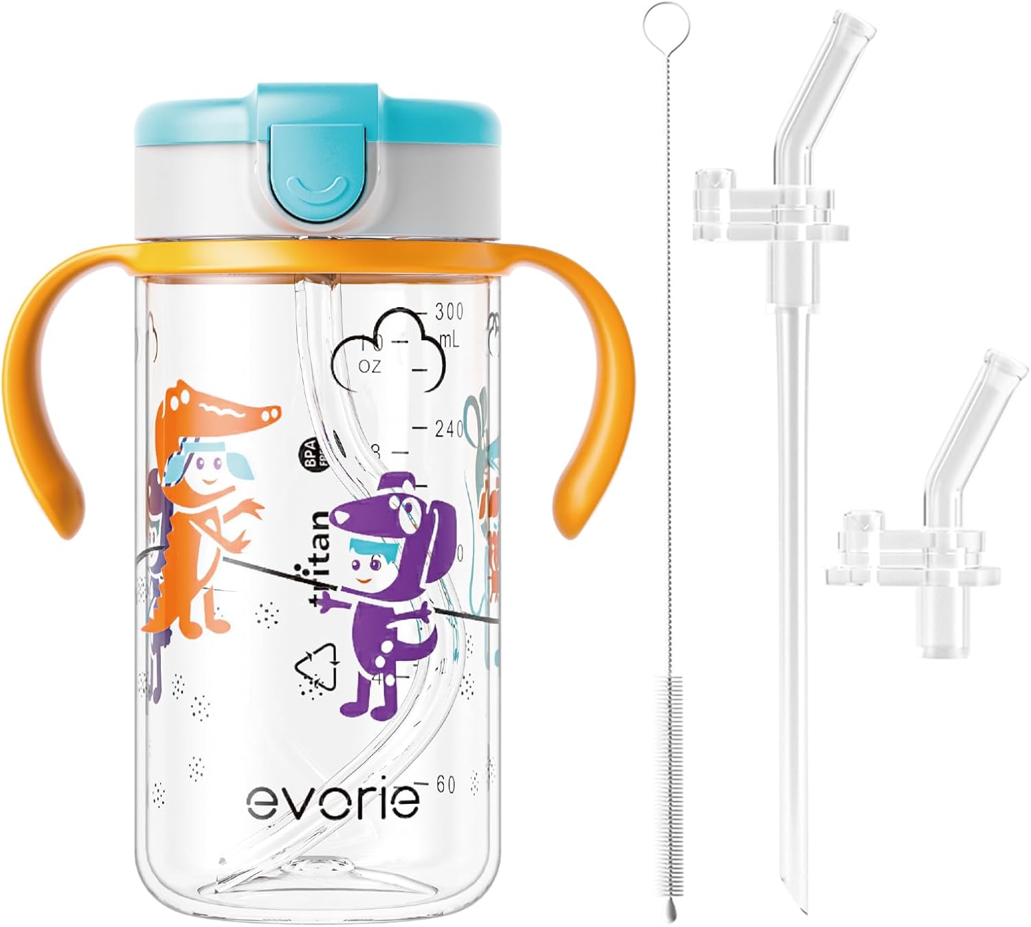 Evorie Tritan Toddler Sippy Cups 10 Oz Kids Water Bottle with Replacement Straw Bundle, Imaginations