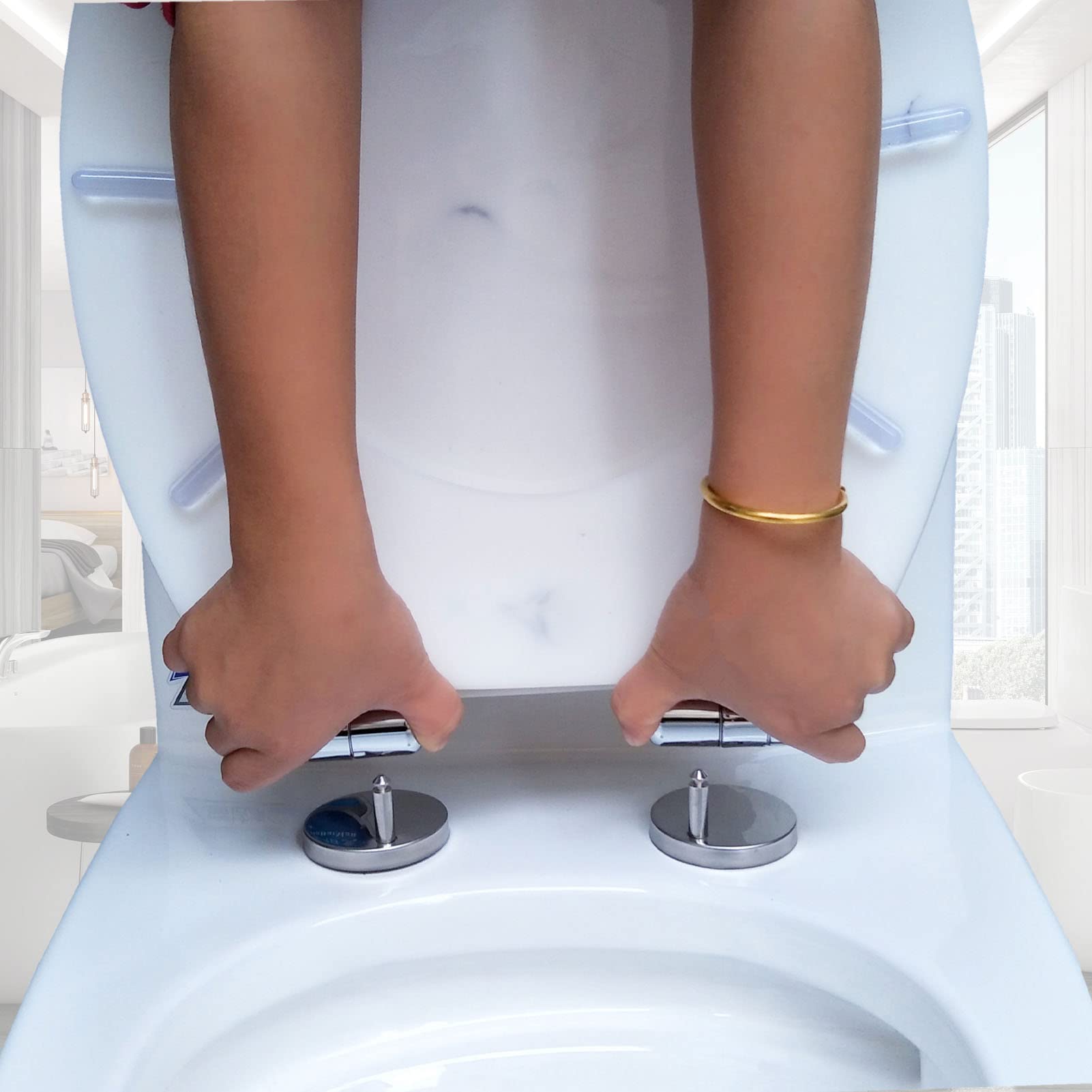Absenkautomatik, Toilettensitz, leise schließen, robuste Kunststoffschüssel, rutschfeste Stoßstangen, einfache Installation für längliche runde offene Fronttoiletten, verstellbar, leicht, langsam
