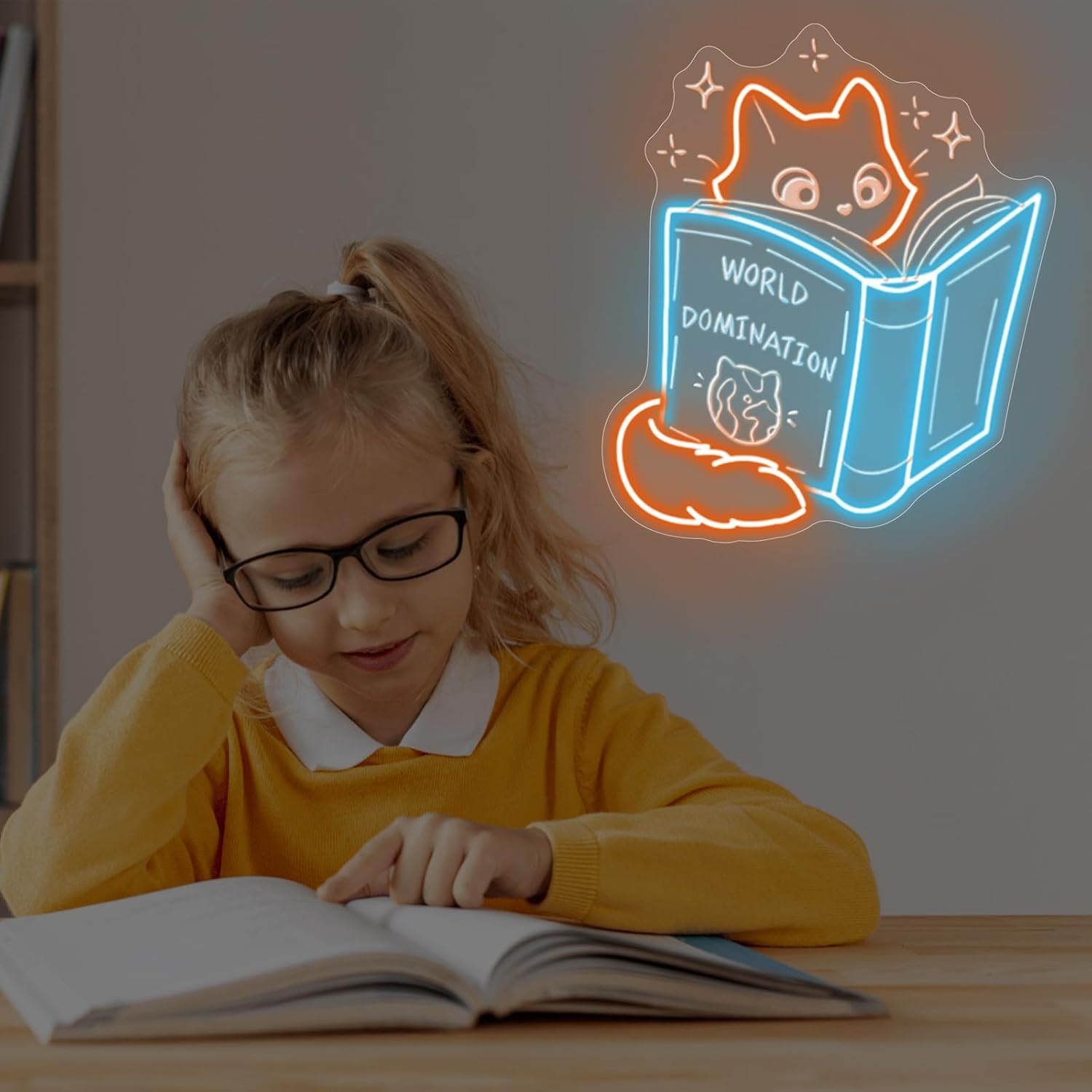 Books and Cat Neon Sign, Cat Sign 3D Carving Led Sign, Cat Read Book Led Light, Library Wall Art, Book Store Decor, Gift For Kid Led Neon Light