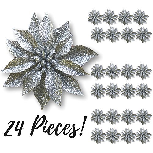 Banberry Designs Artificial Poinsettia Flowers - Set Of 24 – 4" Silver Glittered Poinsettia Clip On Ornaments - Christmas Decorations - Decorative Floral Accessories #TOP1