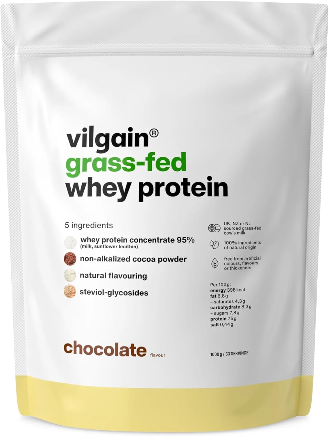 Vilgain Grass-Fed Whey Protein Powder Chocolate 1000g | 22.5g Protein per Serving | British Sourced | Naturally Sweetened with Stevia