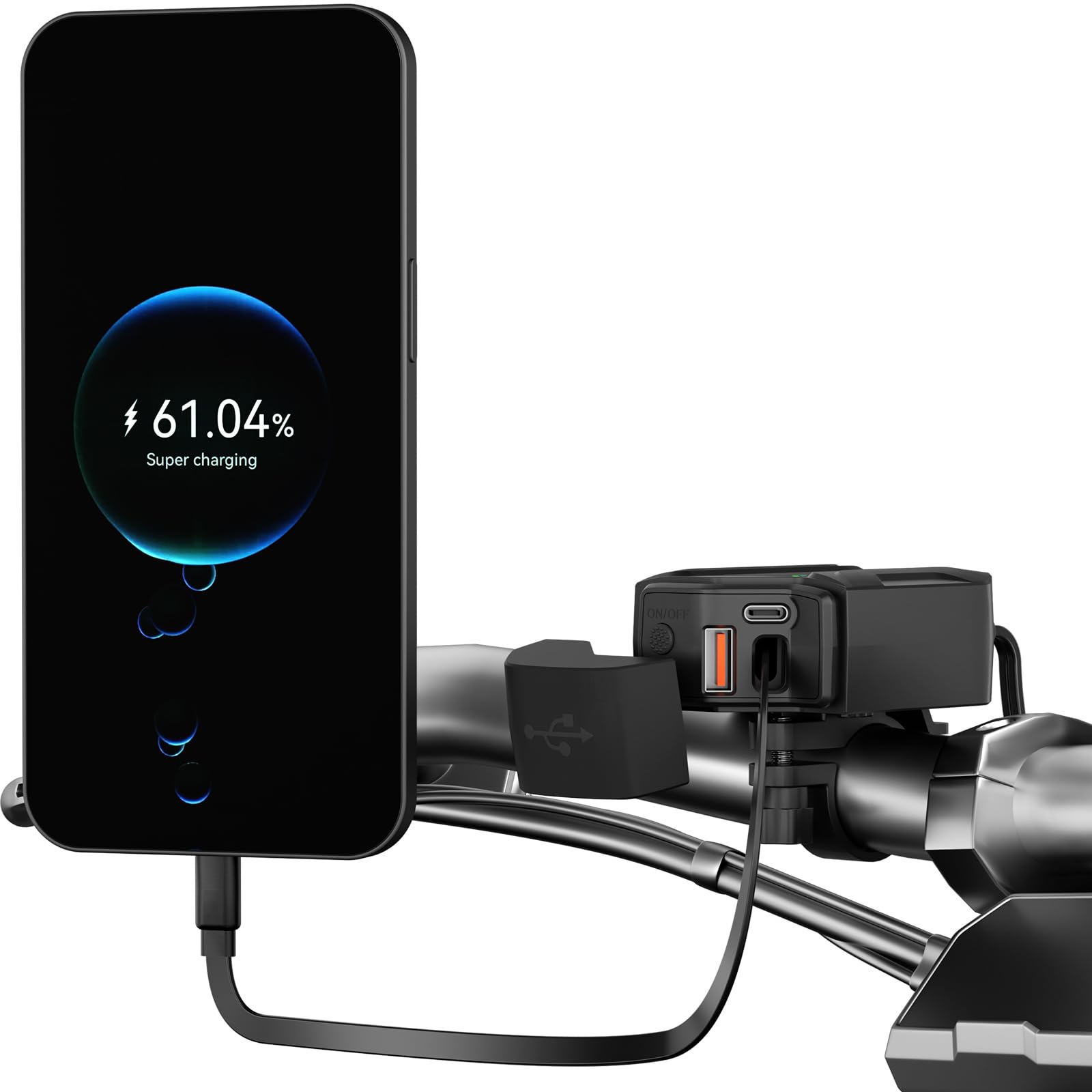 Motocyklowy adapter USB z woltomierzem, wyłącznikiem, IP65, podwójny USB-C PD i USB-A do telefonu, tabletu, GPS