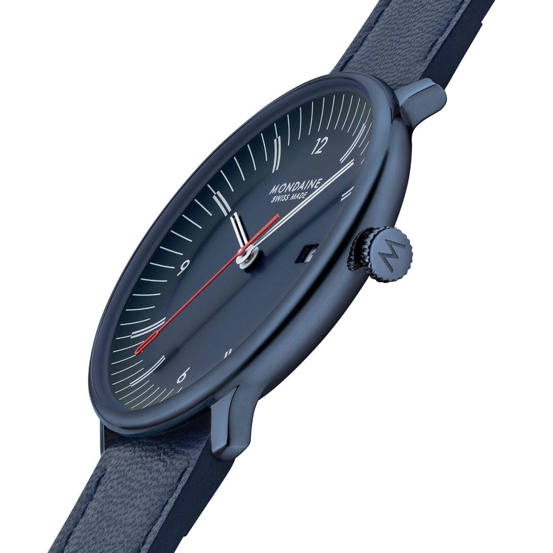Mondaine Doppio zegarek męski 41 mm – szwajcarski mechanizm kwarcowy, niebieski cyferblat, szkło szafirowe, wodoszczelny, stal nierdzewna z recyklingu, wegańska bransoletka ze skóry jabłkowej