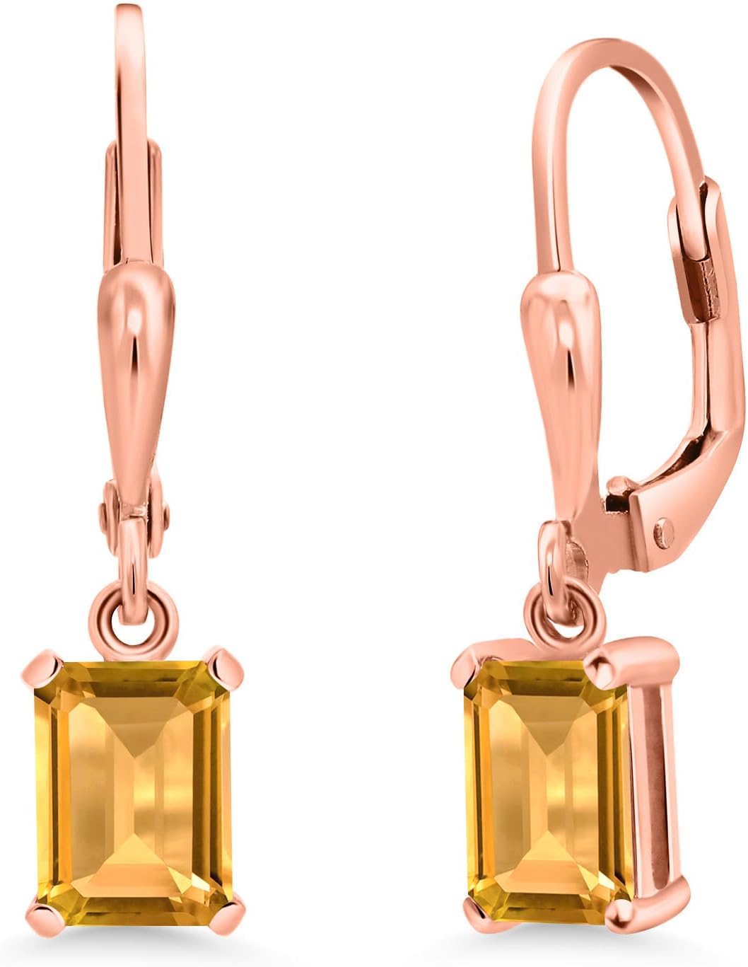 Gem Stone King 18K Rose Gold Plated Silver Gemstone Birthstone Drop Dangle Earrings | Emerald Cut 7X5MM Leverback Earrings for Women