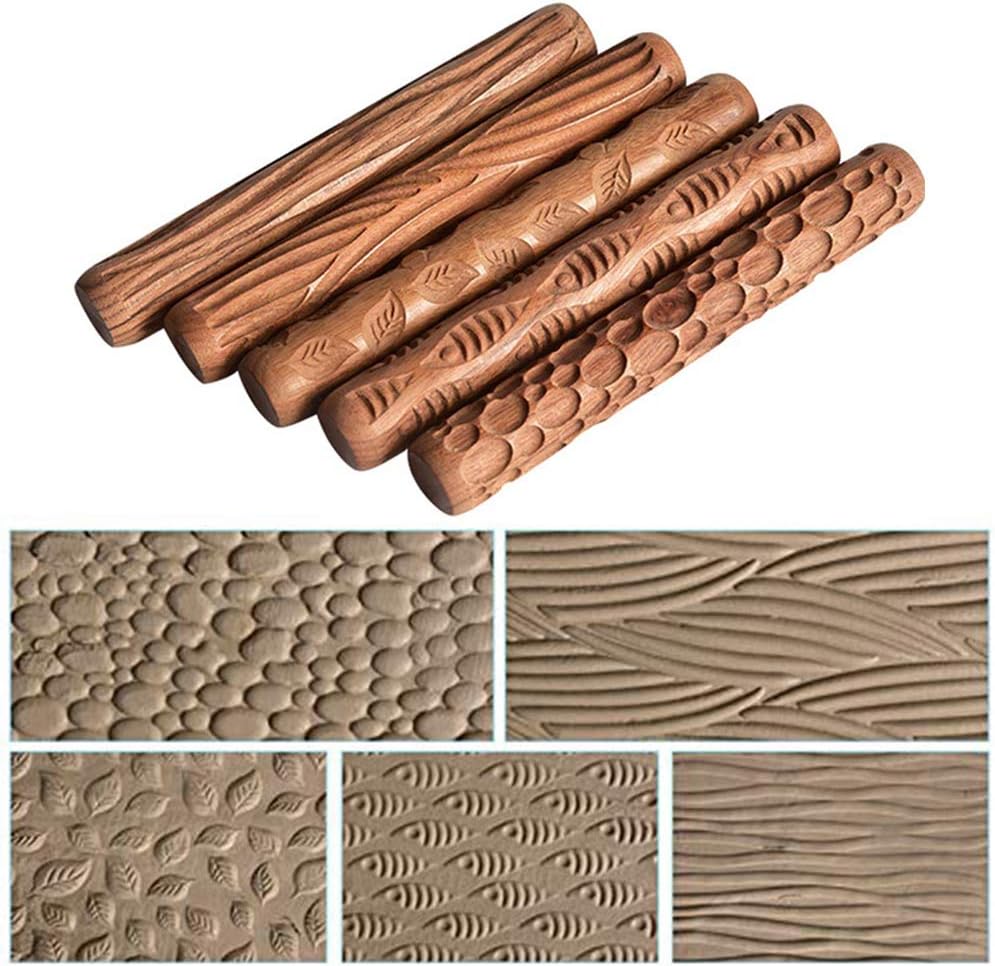 5Pcs Wooden Clay Texture Rolling Emboss Plaid Hand Rollers Polymer Clay Ceramic Pattern Pottery Tools