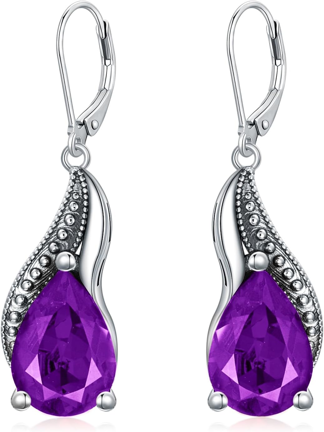 925 Sterling Silver Vintage Teardrop Oxidized Leverback Earrings with 14 * 10mm Birthstone Crystals, Anniversary Birthday Jewelry Gifts for Her