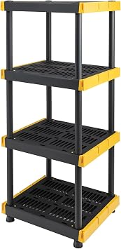 BLACK & YELLOW 4-Tier Heavy Duty Plastic Storage Shelves that Support up to 100lbs/shelf, Dorm Room Essentials, Back to School, Classroom Storage, Easy Assembly, Made in The USA 55H x 24W x 20D