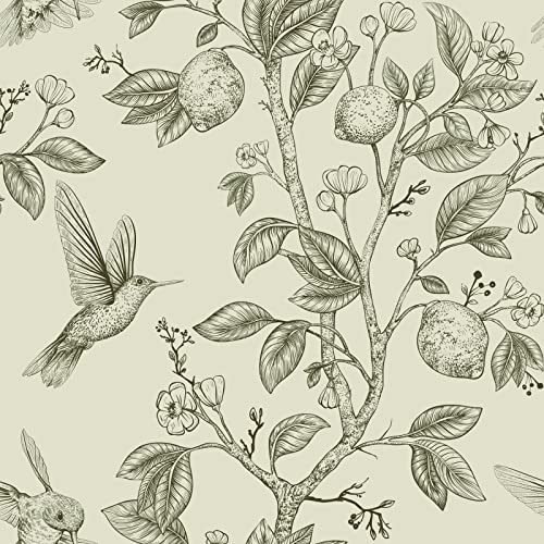 VEELIKE Papier Peint Citron Oiseaux 44.5cm×900cm Papier Peint Adhesif Fleur Beige Vintage Rouleau Vinyl Adhesif Feuilles Tropical Stickers Meubles Deco Stickers Muraux Salle de Bain Imperméable