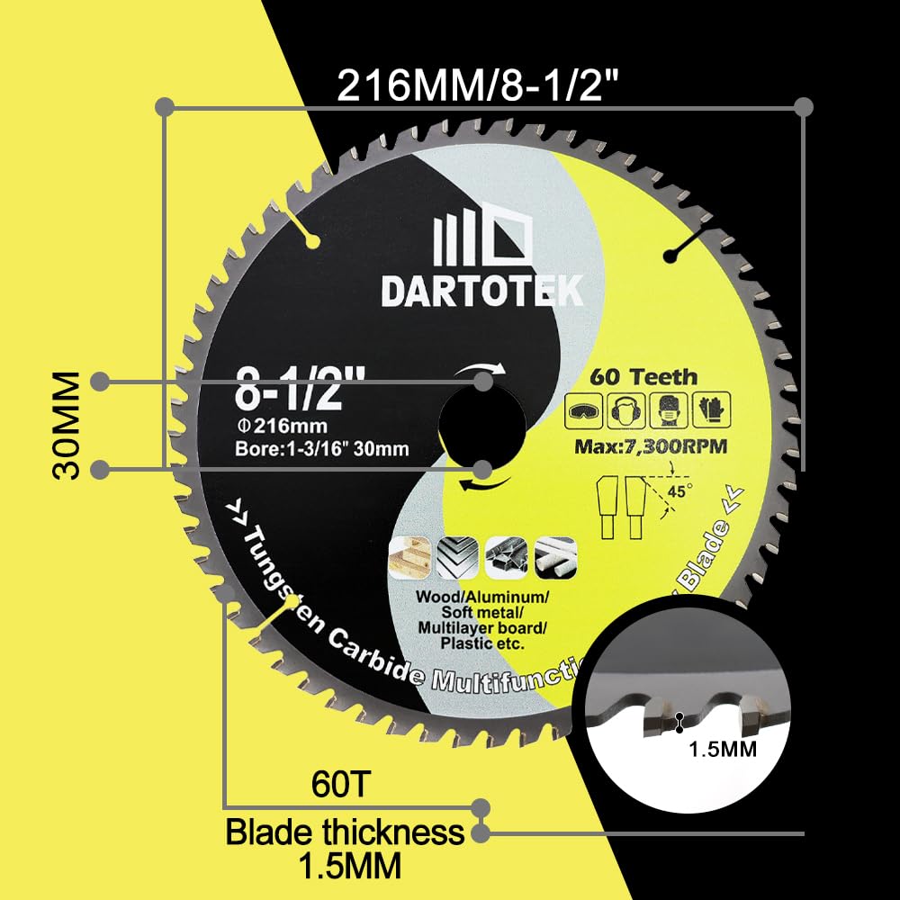 Hoja de Sierra Circular de Metal Duro 60T Dientes de Punta Disco de Corte MultiMaterial 30mm Árbol para Madera Aluminio Plástico 216mm 3 piezas