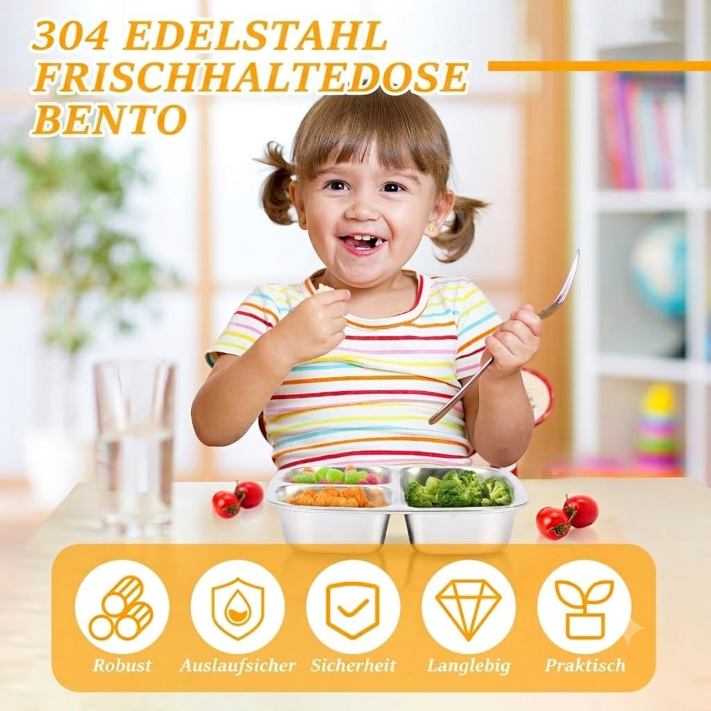 Lot de 4 boîtes à goûter en acier inoxydable. Snackbox étanche 600ml avec couvercle et 3 compartiments, boîte idéale pour école, bureau et pique-nique